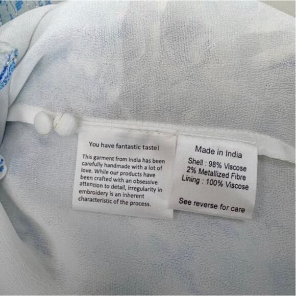 NWT Rococo Sand Leas Long Floral Cutout Maxi Dress White Blue Metallic - Picture 14 of 14